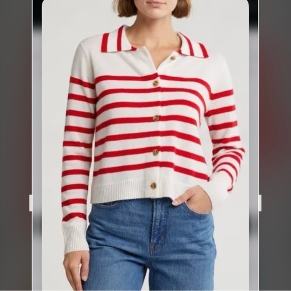 Elie Tahari Sweaters - ELIE TAHARI Cashmere Stripe Crop Cardigan in Frost White/True Red Size M